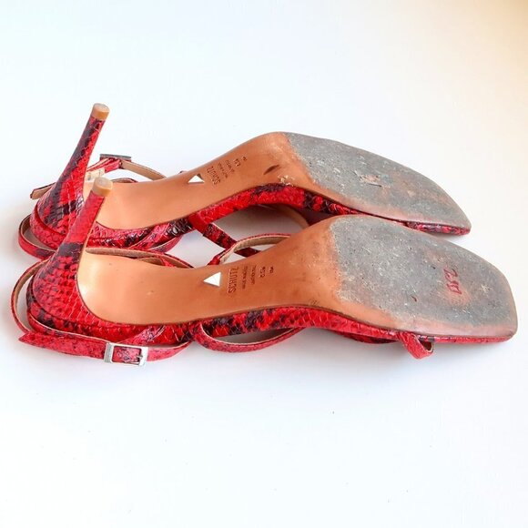 SCHUTZ Red Black Snakeskin Strappy Open Square Toe  Heeled Sandals Summer Shoes - Picture 14 of 16